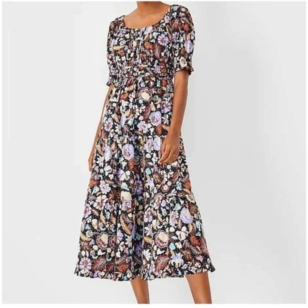 Ann Taylor Petites Batik Autumn Leaves Midi Length Dress Size 2P Tiered Cotton
